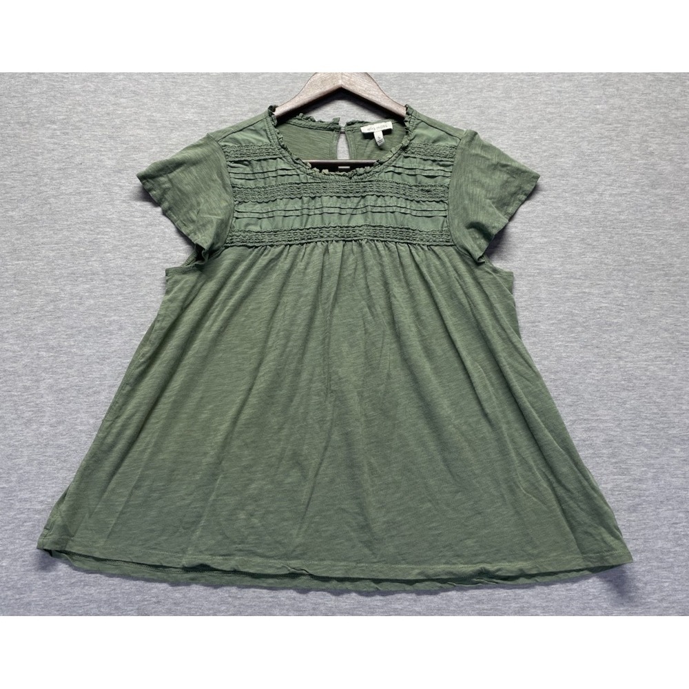 Ella Moss Babydoll Blouse Top Womens Small Olive Green Crochet Trim Keyhole Back